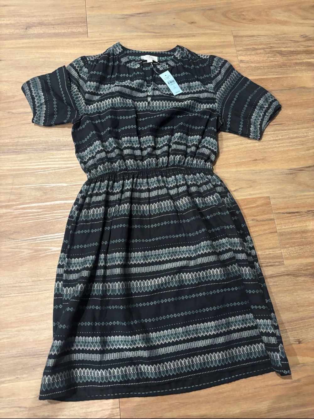 LOFT Black Dress with Gray and Teal Geometric Stripes